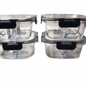 NEW Glass Food Storage Container. Plastic Snap Lid, Bento Box Style, Lunch SET 4